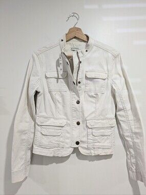Just Jeans Cream Off White Denim Moto Utility Jacket Cargo Pockets Size 10